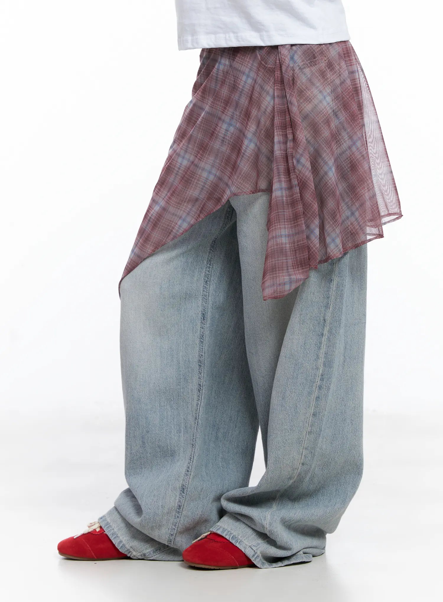 Plaid Mesh Layered Wrap Midi Skirt CL511